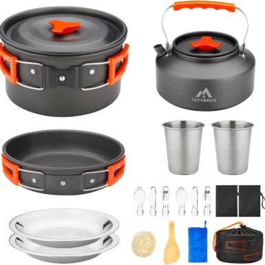 THTYBROS 17pcs Camping Cookware Kit, 0.45Gal Pot, 7inches Pan,0.30Gal Kettle Set with 2 Set Stainless Steel Cups Plates Forks Knives Spoons for Hiking