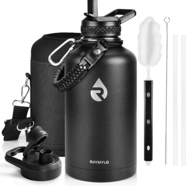 RAYMYLO Insulated Water Bottle 64 oz, Triple Wall Vacuum Stainless Steel (Cold for 48 Hrs), Leak Proof & Non-BPA, Half Gallon Water Flask Jug with Paracord Handle & Straw Spout Lids, Magic Black